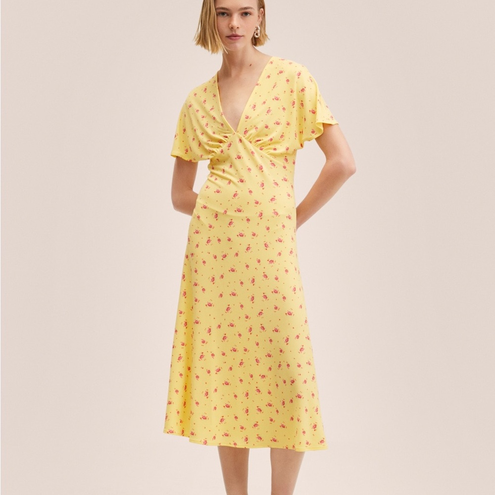 MANGO NWOT Yellow Short Sleeves Midi Flower Print Dress